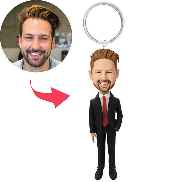 Male Executive In Red Tie Custom Bobblehead With Engraved Text Key Chain