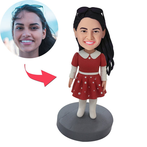 Small Girl In Red Dress Custom Bobblehead With Engraved Text