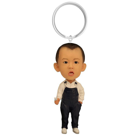 Small Boy With Overalls Custom Bobblehead With Engraved Text Key Chain