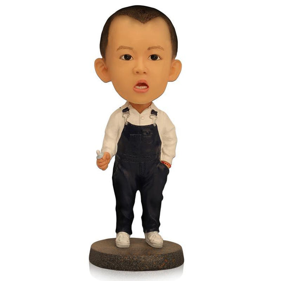 Small Boy With Overalls Custom Bobblehead With Engraved Text