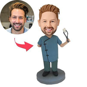 Dentist With Dental Forceps Custom Bobblehead With Engraved Text