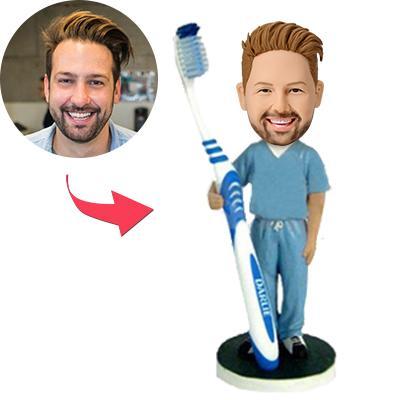 Male Dentist With A Toothbrush Custom Bobblehead With Engraved Text