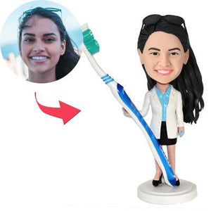 Female Dentist With A Toothbrush Custom Bobblehead With Engraved Text