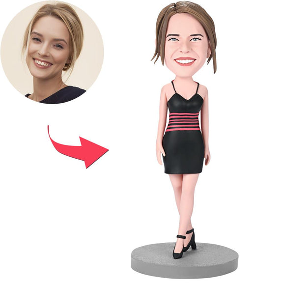 Female Wearing A Black Dress Custom Bobblehead With Engraved Text