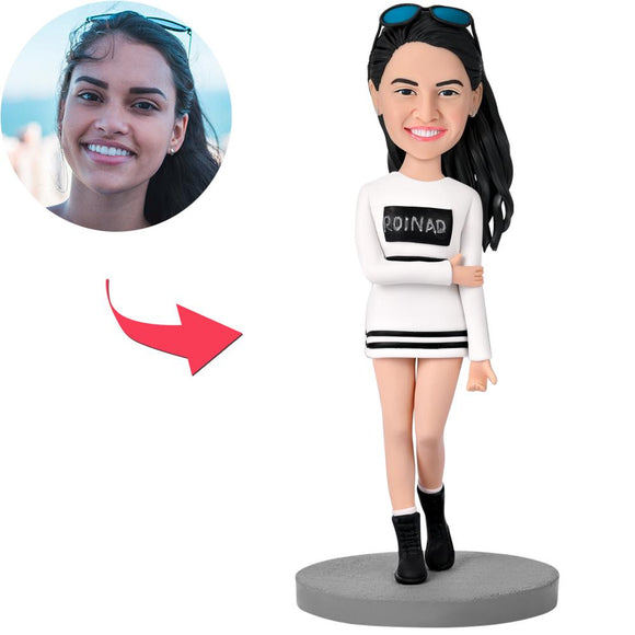 Modern Woman In Leisure Wear Custom Bobblehead With Engraved Text