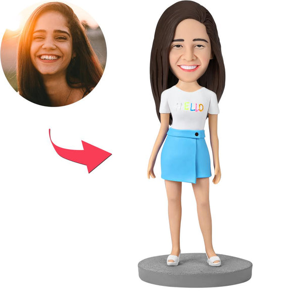 Fashion Girl Wearing Blue Skirt Custom Bobblehead With Engraved Text