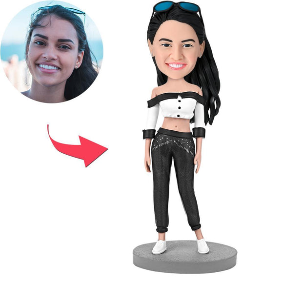 Beautiful Girl In Black Pants Custom Bobblehead With Engraved Text