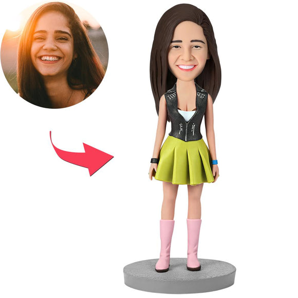 Female Wearing Green Dress Custom Bobblehead With Engraved Text