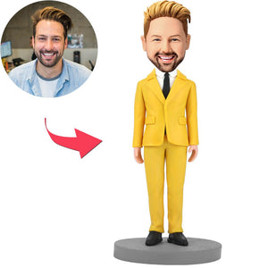 Modern Man In Yellow Suit Custom Bobblehead With Engraved Text