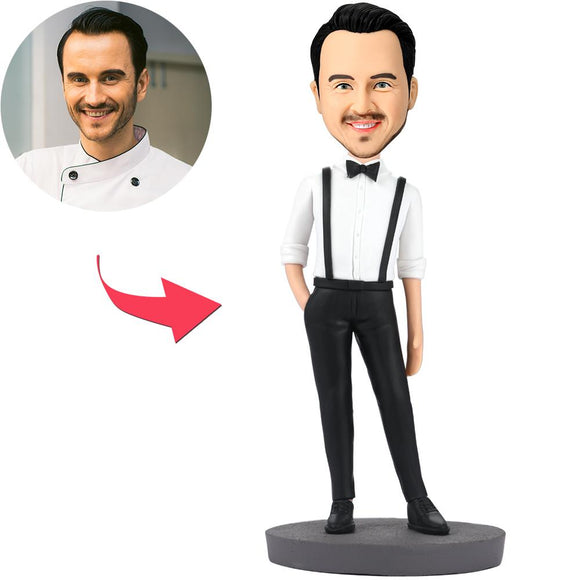 Handsome Man In Bib Pants Custom Bobblehead With Engraved Text