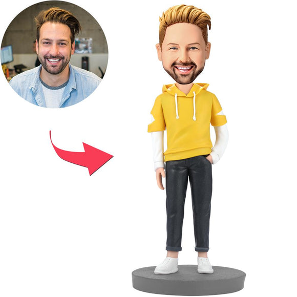 Fashion Man Wearing Yellow Hoodie Custom Bobblehead With Engraved Text