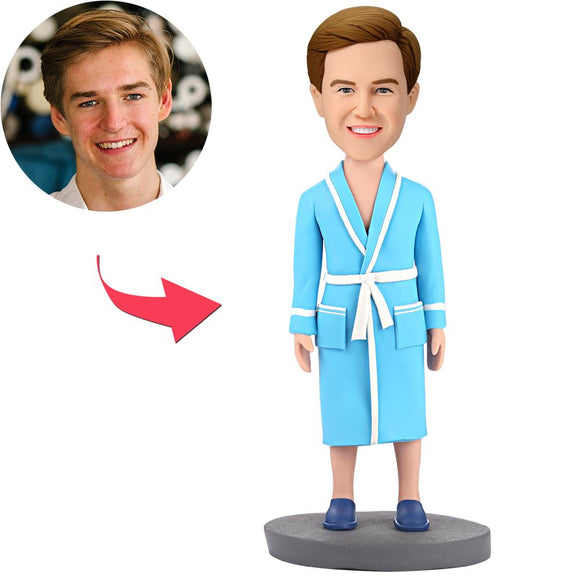 Modern Man In Blue Pajamas Custom Bobblehead With Engraved Text
