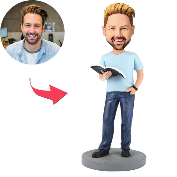 Modern Reading Book Man Custom Bobblehead With Engraved Text