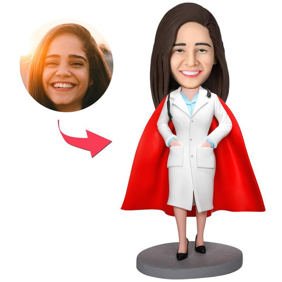 Super Female Doctor With White Coat Custom Bobblehead With Engraved Text