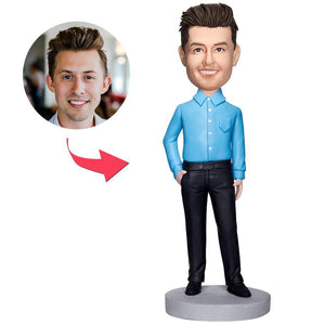 Executive Man In Blue Shirt Custom Bobblehead With Engraved Text