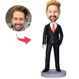 Business Man In Black Suit Custom Bobblehead With Engraved Text