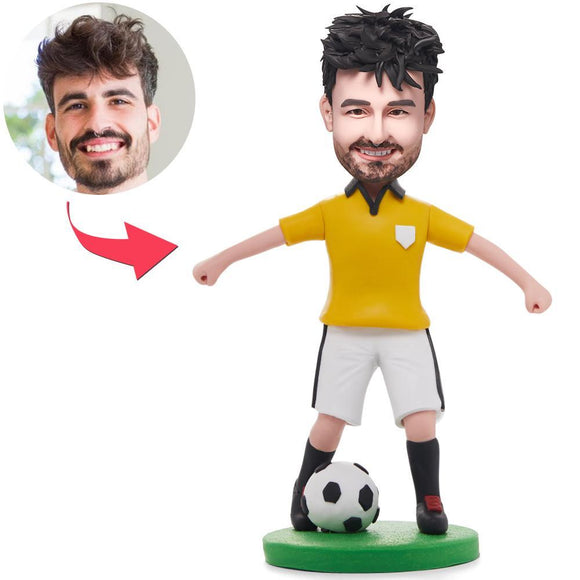 Soccer/football Player Dribbling In Yellow Shirt Custom Bobblehead With Engraved Text