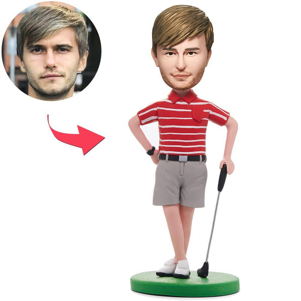 Golfer Posing In Red Shirt Custom Bobblehead With Engraved Text