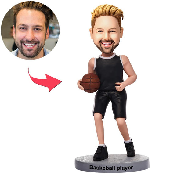 Custom Basketball Player Dribbling In Black Uniform Bobbleheads With Engraved Text