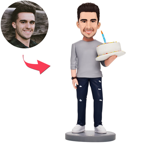 Birthday Gifts - Custom Man Holding Cake Bobbleheads With Engraved Text