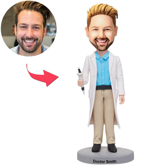Custom Male Doctor Holding A Syringe Bobbleheads With Engraved Text