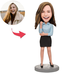 Custom Business Female In A Blue Shirt Bobbleheads With Engraved Text