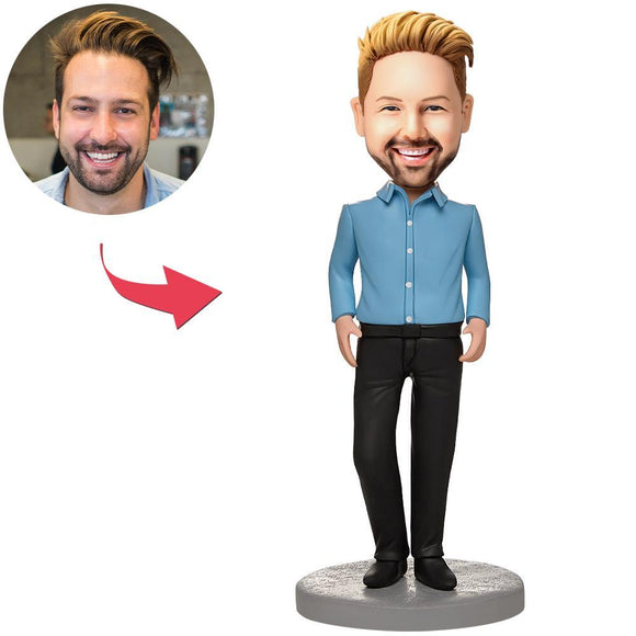 Custom Business Male Wearing A Blue Shirt Bobbleheads With Engraved Text