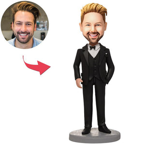 Custom Business Male Wearing A Black Suit Bobbleheads With Engraved Text