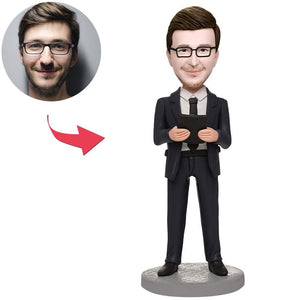 Custom Business Man Holding A Notebook Bobbleheads With Engraved Text