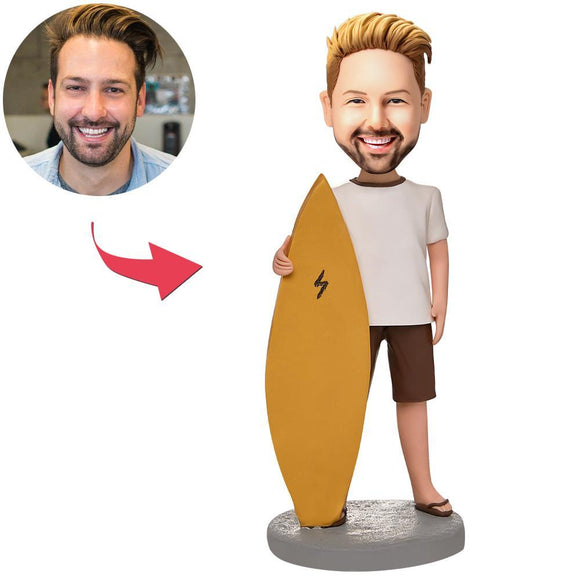 Custom Man And Surfboard Bobbleheads With Engraved Text