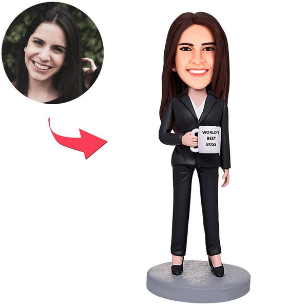 Business Gift World's Best Boss Business Woman Holding A Water Glass Custom Bobbleheads With Engraved Text