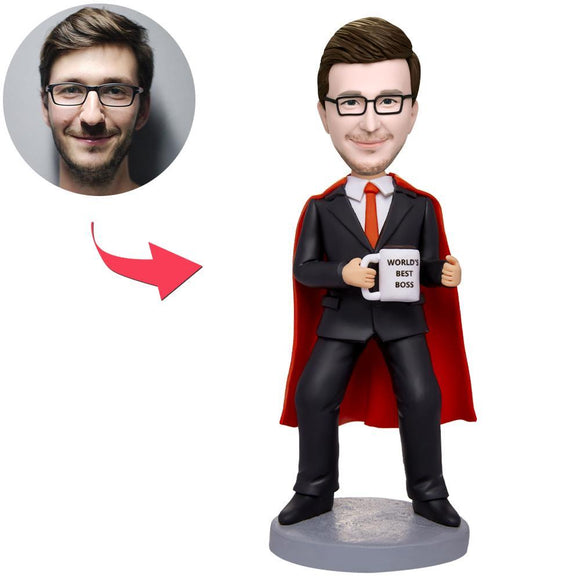 World's Best Boss Super Businessman Holding A Water Glass Custom Bobbleheads With Engraved Text
