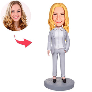 Grey Suit Boss Business Woman Custom Bobbleheads With Engraved Text