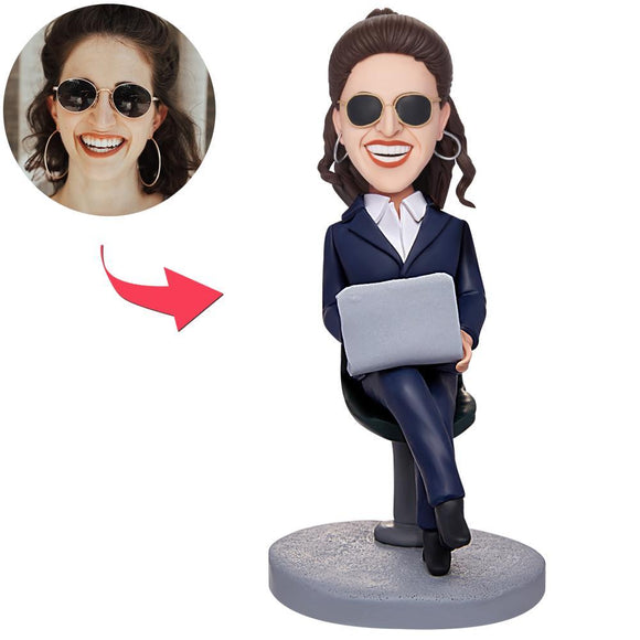 Female Boss Working With Laptopt Custom Engraved Text Bobbleheads
