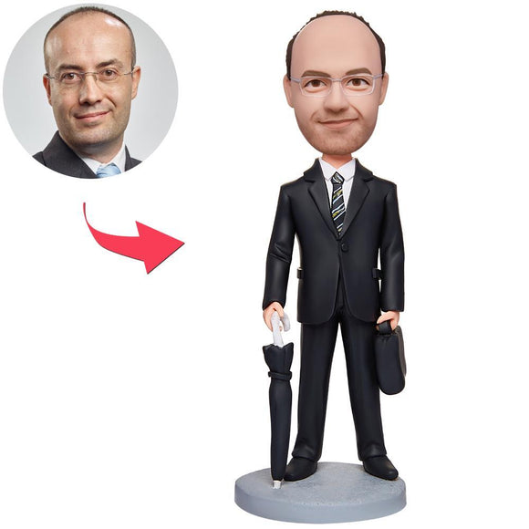 Business Man Holding Umbrella And Handbag Custom Bobbleheads With Engraved Text