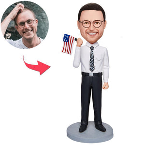Business Man Holding An American Flag Custom Bobbleheads With Engraved Text