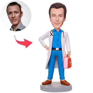 Male Doctor Carrying A First Aid Kit Custom Bobbleheads With Engraved Text