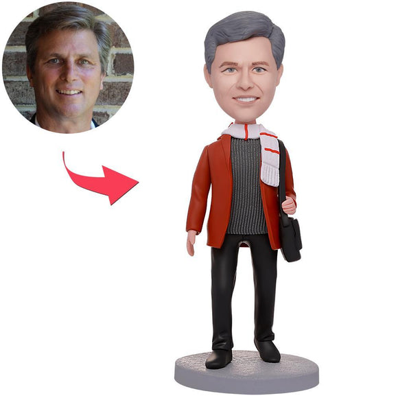 Casual Man In Scarf Custom Bobbleheads With Engraved Text