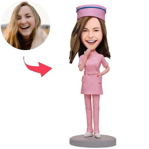 Female Nurse In Pink Nurse Uniform Custom Bobbleheads With Engraved Text