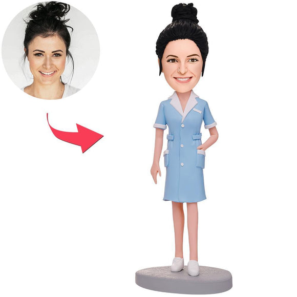 Blue Suit Female Nurse Custom Bobbleheads With Engraved Text