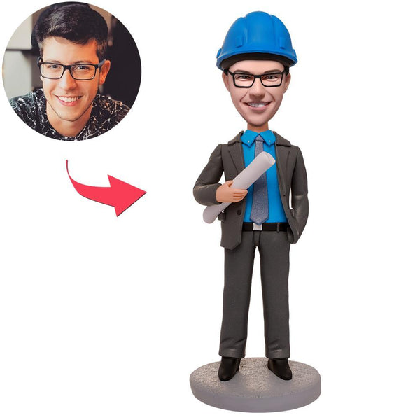 Engineer Holding Blueprints Custom Bobbleheads With Engraved Text