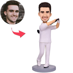 White Suit Golfer Custom Bobbleheads With Engraved Text