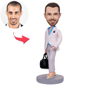 Stylish Casual Man Carrying A Bag Custom Bobbleheads With Engraved Text