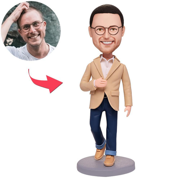 Wear Yellowish Brown Clothes Modern Man Custom Bobbleheads With Engraved Text