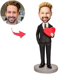 Custom Man Holding A Love Heart Bobbleheads With Engraved Text