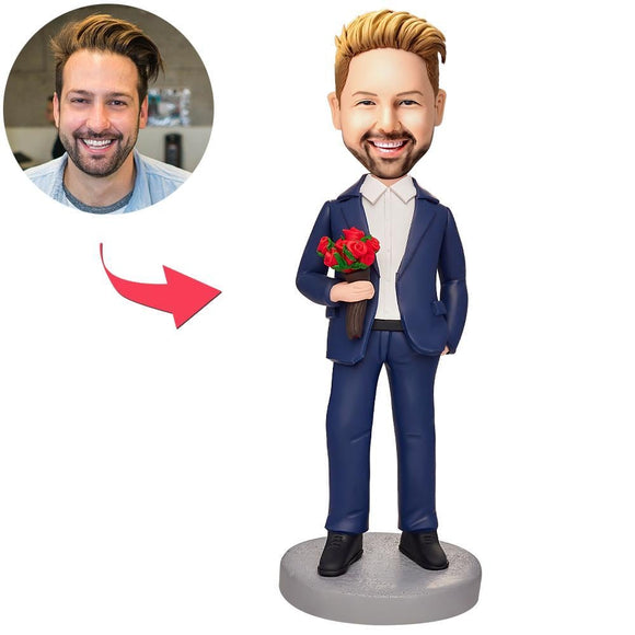 Cool Man Holding a Bouquet of Roses Custom Bobbleheads With Engraved Text