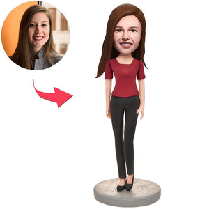 Woman Wearing a Red T-shirt Custom Bobbleheads With Engraved Text