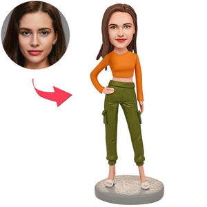 Orange Modern Woman Custom Bobbleheads With Engraved Text