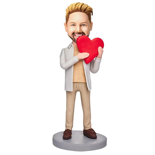 Casual Wear Man Holding A Love Heart Custom Bobbleheads With Engraved Text